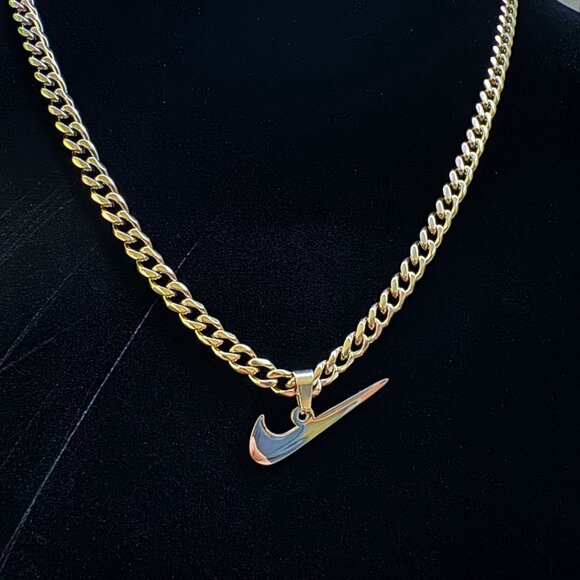 Nike Jewelry - Nike Necklace - Nike Swoosh Pendant - 5mm Cuban - 22" Cuban Chain - Gold - Y2K